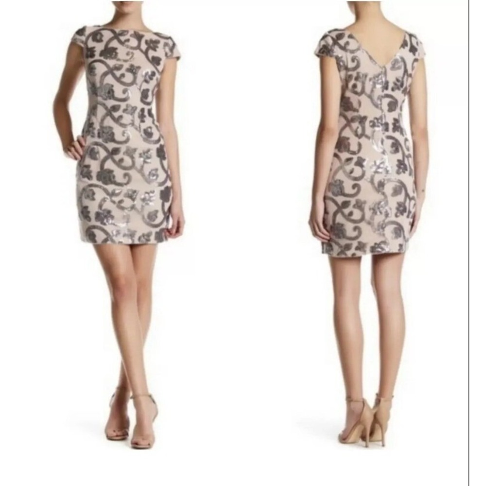 Adrianna Papell Soft Pink Silver Sequin Sheath Dress Formal Evening Party S 6